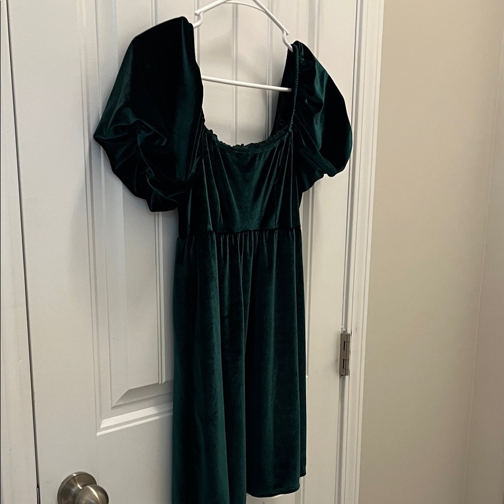 Altar'd State Emerald Velvet Puff-Sleeve Mini Dress